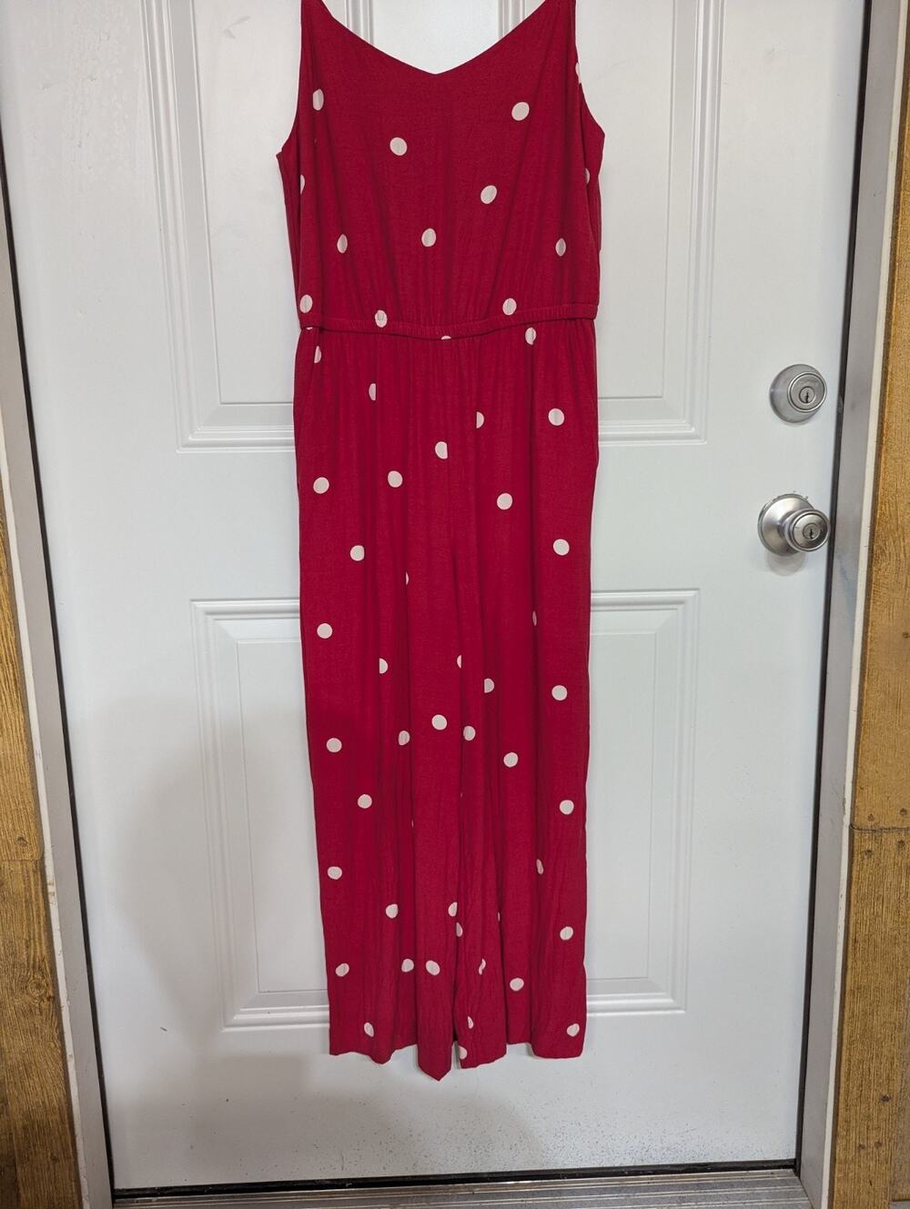 Loft,XS,Red And White Poka Dot Jumpsuit, Spaghetti Straps,Side Pockets,Zipper In